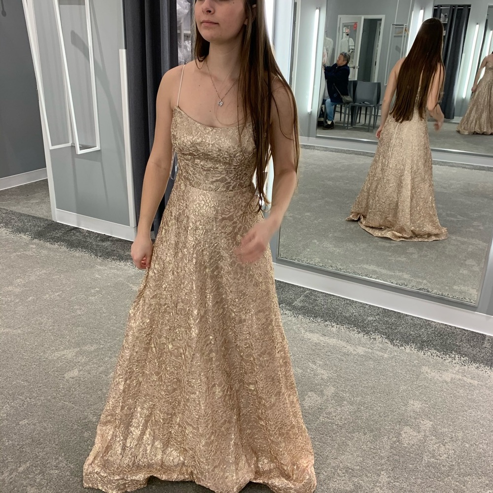 David's Bridal Shimmering Gold Prom Dress